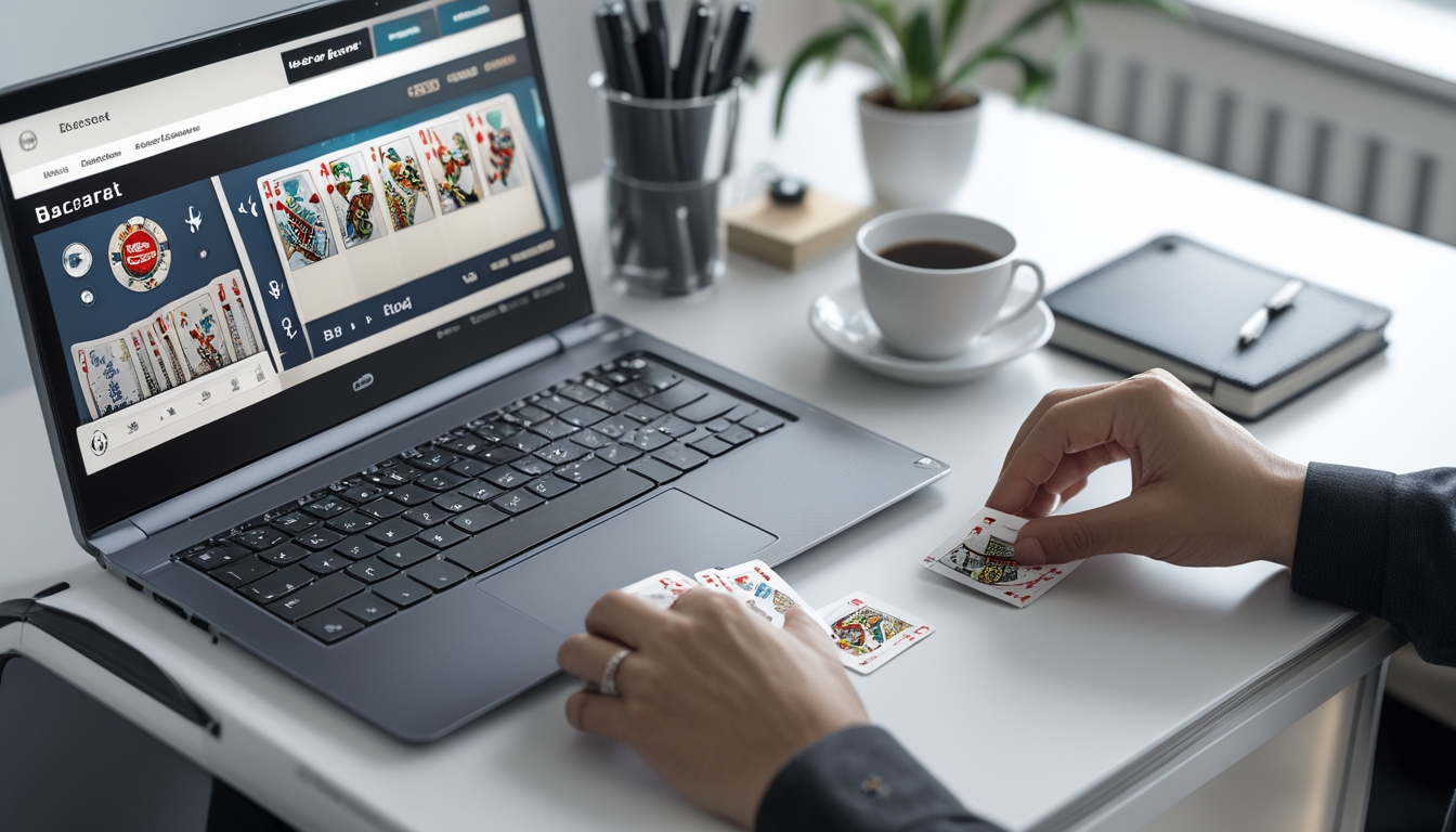 Tangan seseorang sedang menghitung kartu baccarat di depan layar komputer yang menampilkan permainan baccarat online.