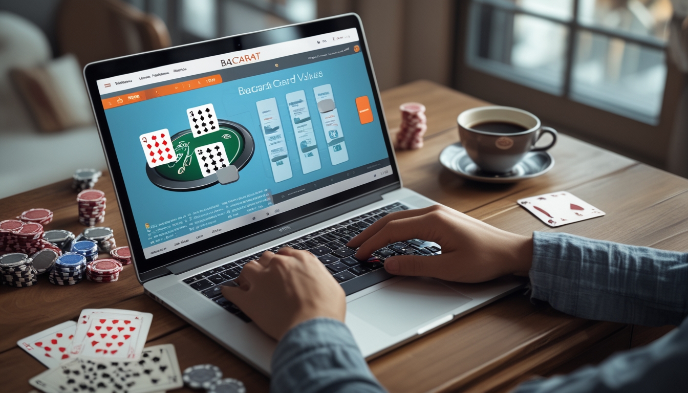Sebuah laptop menampilkan permainan baccarat online dengan kartu dan panduan perhitungan di meja kayu dengan chip poker dan secangkir kopi.
