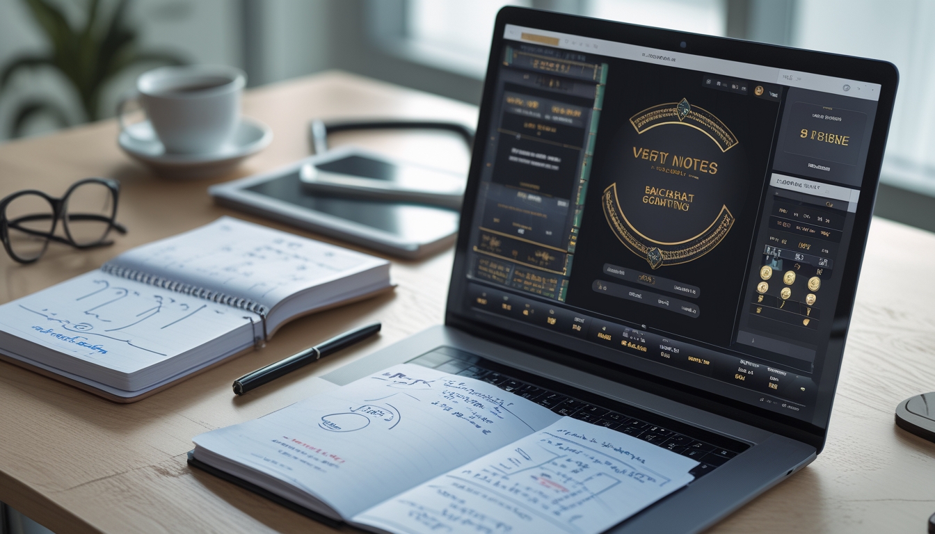 Seorang profesional sedang menggunakan laptop dengan permainan kartu baccarat online, di samping terdapat buku catatan dengan catatan strategi taruhan dan sebuah ponsel di meja kerja.