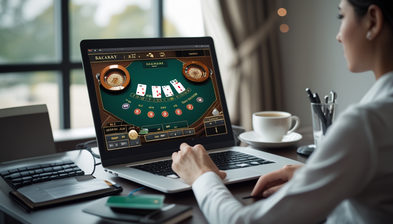 Seorang pemain sedang menggunakan komputer dengan tampilan permainan baccarat online dan alat tulis di meja untuk perencanaan strategi taruhan.