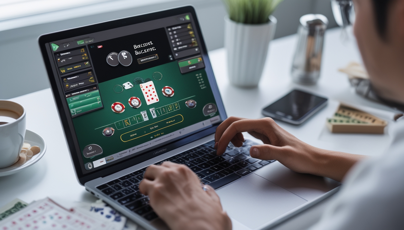 Seseorang menggunakan komputer dengan tampilan permainan baccarat online dan alat hitung di meja untuk meningkatkan peluang menang.