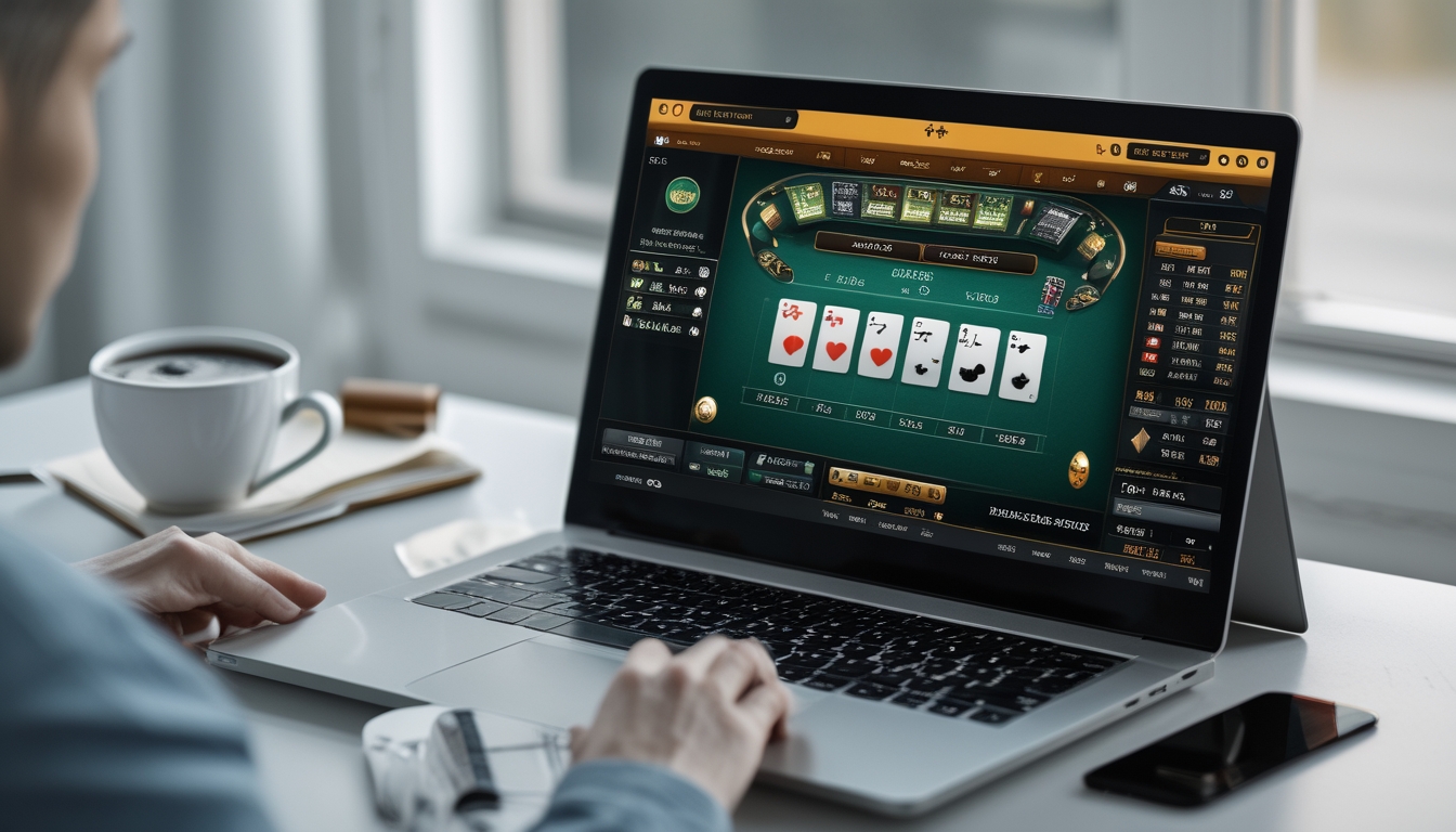 Seseorang sedang menganalisis kartu baccarat online di depan komputer dengan suasana kerja yang rapi dan fokus.