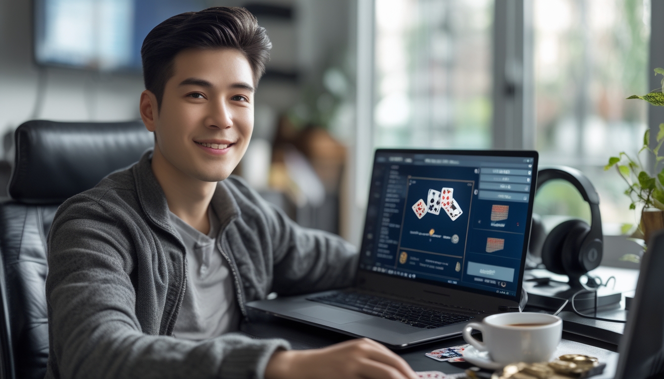 Seorang dewasa muda duduk di meja dengan laptop terbuka menampilkan permainan poker, dikelilingi chip poker dan kartu, terlihat fokus dan ramah di ruang kerja rumah.