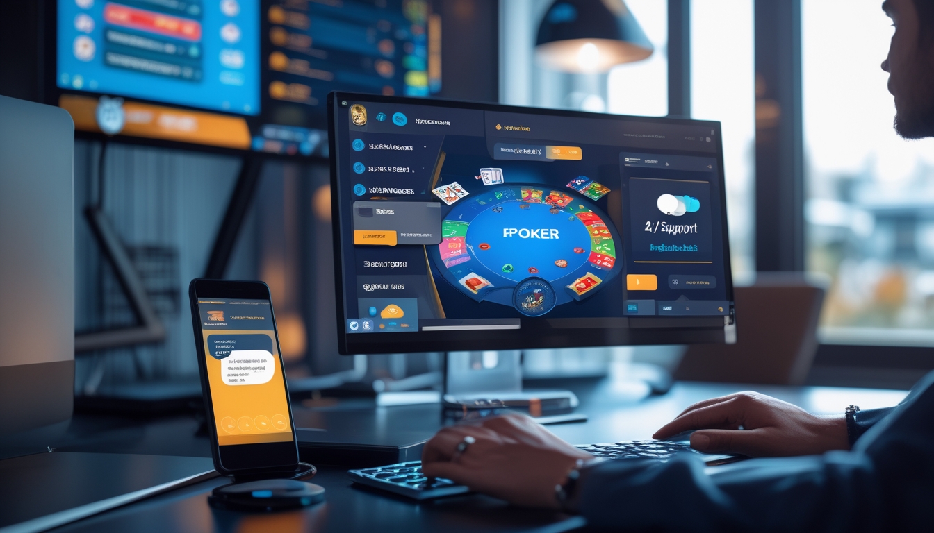 Seorang pemain poker online sedang menggunakan komputer dan ponsel dengan tampilan permainan poker dan layanan pelanggan aktif.