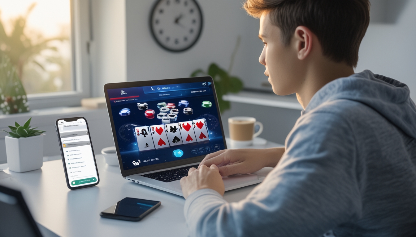 Seseorang duduk di meja kerja menggunakan laptop dengan tampilan permainan poker online dan ponsel yang menampilkan chat layanan pelanggan.