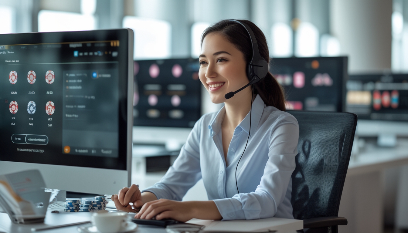 Seorang customer service yang percaya diri mengenakan headset di kantor modern dengan layar komputer menampilkan grafik poker dan tumpukan kartu serta chip di meja.
