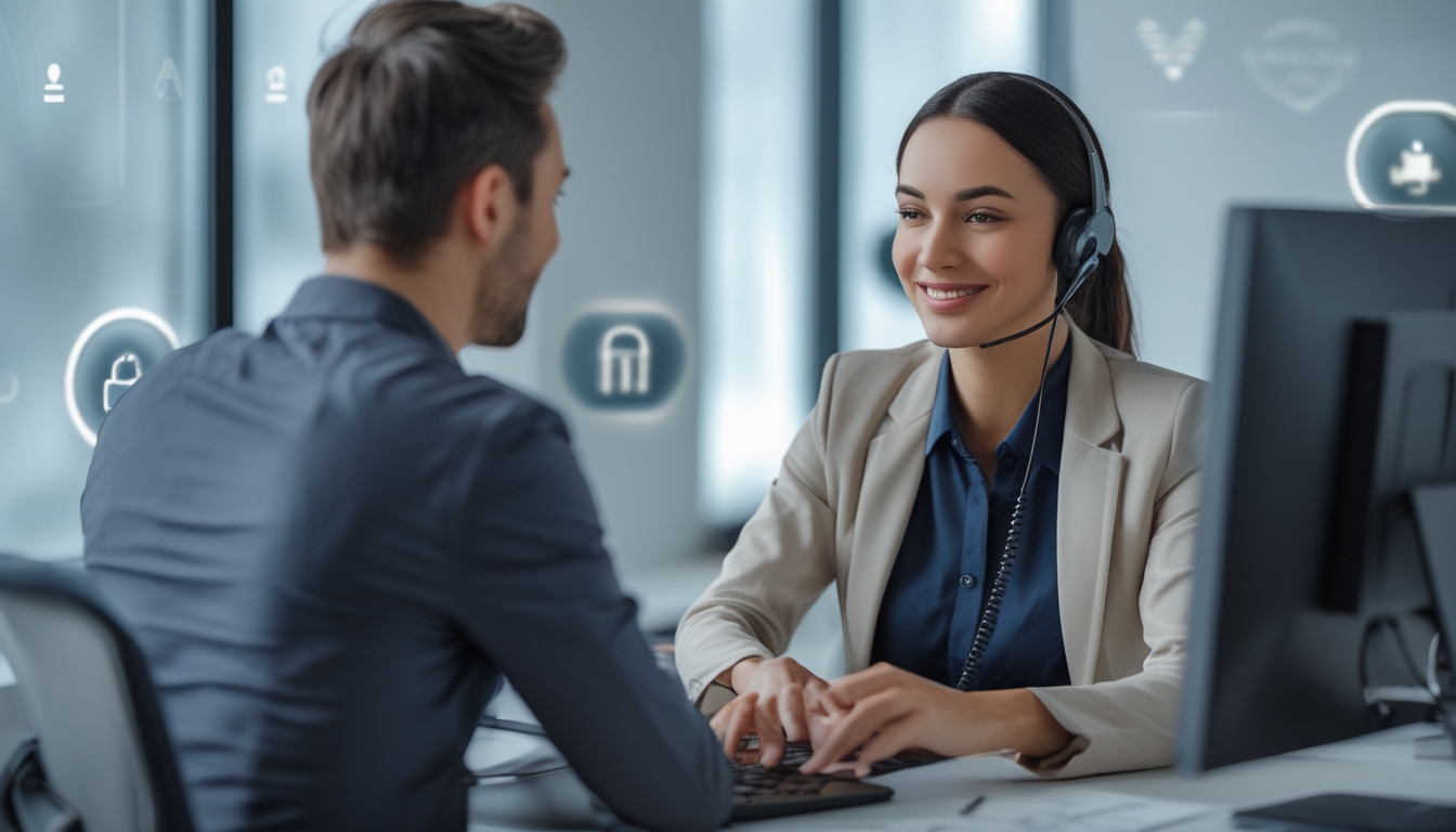 Seorang perwakilan layanan pelanggan yang percaya diri mengenakan headset di kantor modern, membantu klien dengan latar belakang yang menunjukkan elemen keamanan situs poker online.