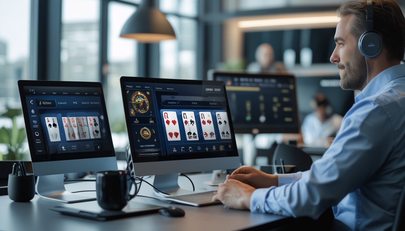 Seorang pemain poker serius menggunakan laptop dan ponsel di meja kerja yang rapi dengan latar belakang agen dukungan pelanggan yang mengenakan headset.