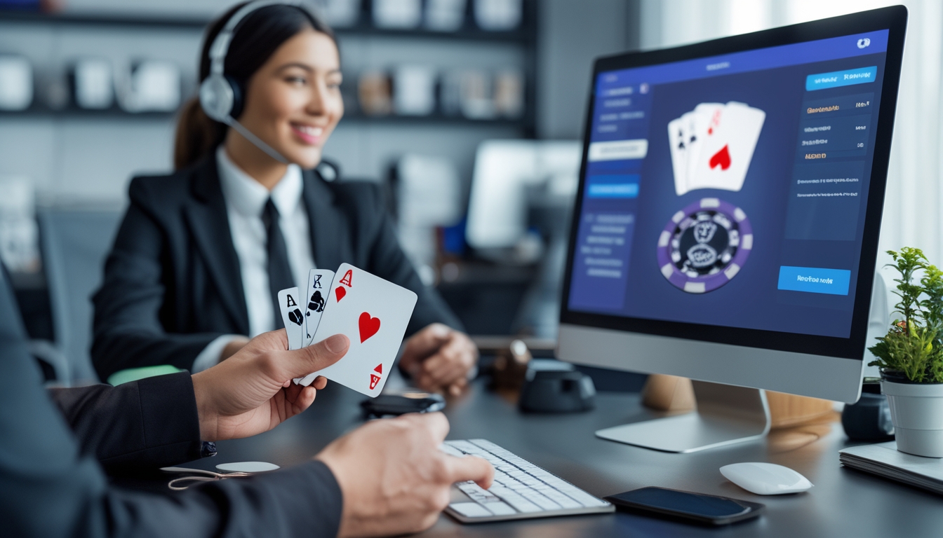 Seseorang bermain poker online di depan komputer dengan seorang customer service yang memakai headset tersenyum di latar belakang.