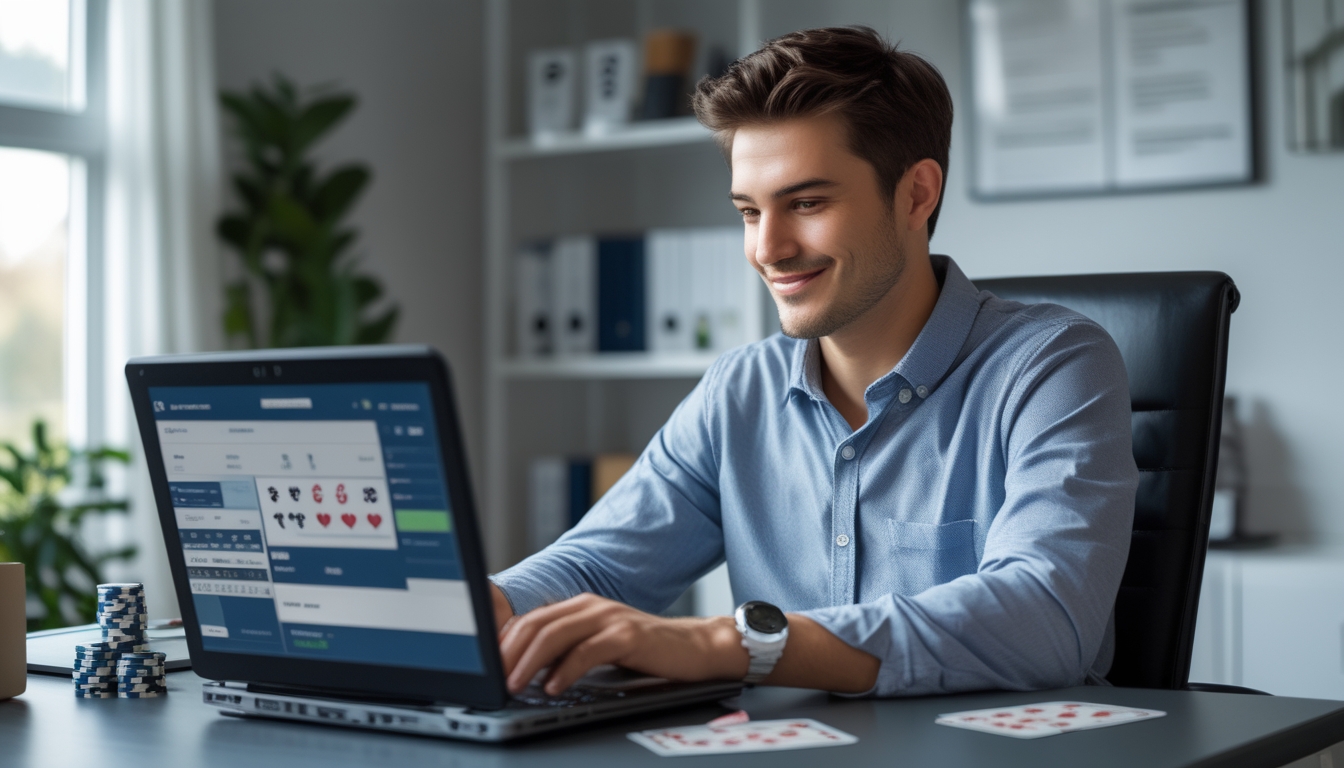 Seorang pria muda duduk di meja rumah dengan laptop yang menampilkan permainan poker online, di sekitarnya ada kartu dan chip poker serta ponsel yang menunjukkan layanan pelanggan.