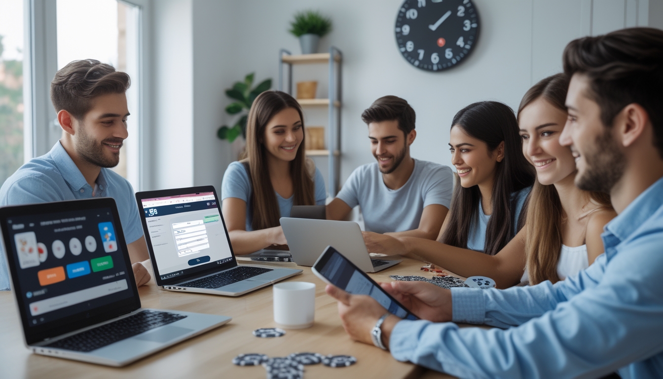 Beberapa orang menggunakan perangkat digital untuk mendaftar poker online dan berkonsultasi dengan layanan pelanggan kapan saja di ruang kerja modern.