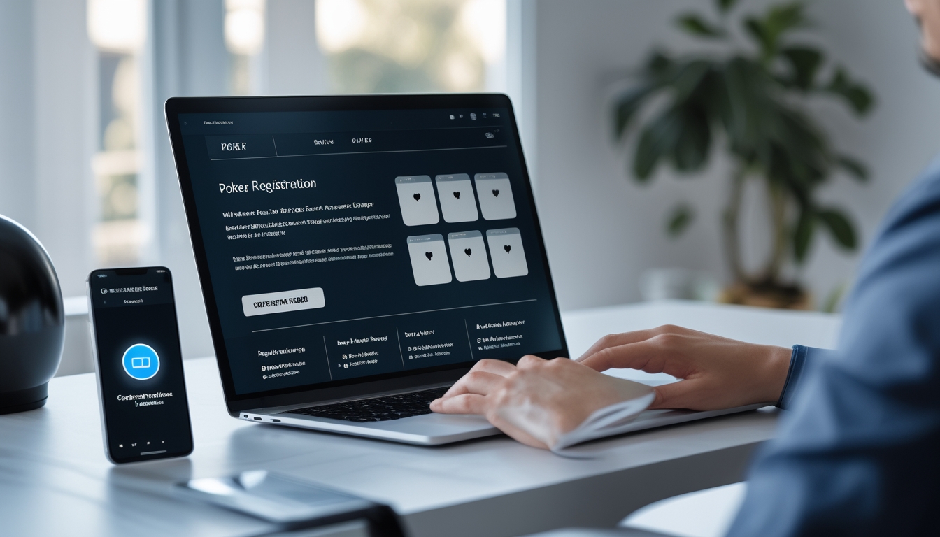 Meja kerja dengan laptop dan ponsel yang menunjukkan aktivitas pendaftaran poker online dan layanan pelanggan.