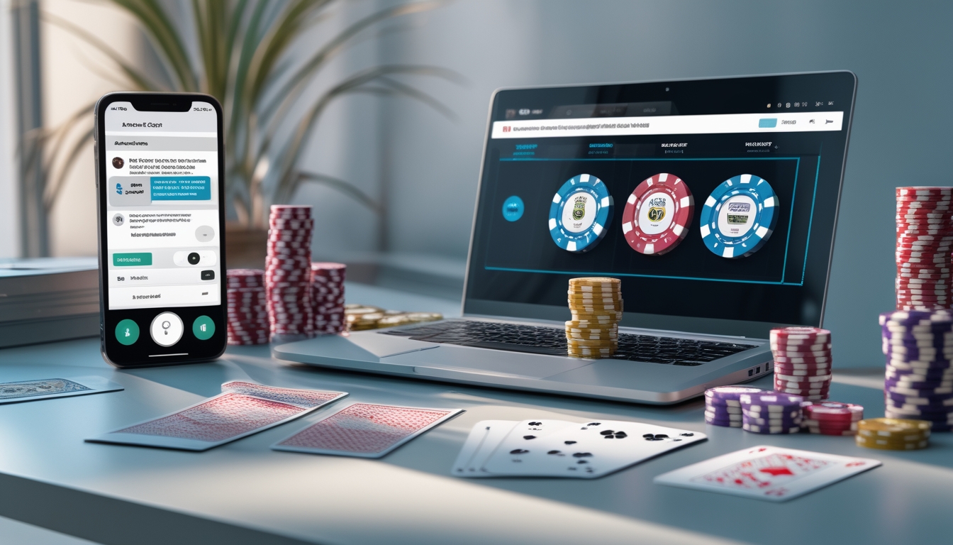Sebuah meja kerja dengan laptop yang menampilkan permainan poker online, tumpukan chip poker, kartu bermain, dan ponsel yang menampilkan layar obrolan bantuan pelanggan.
