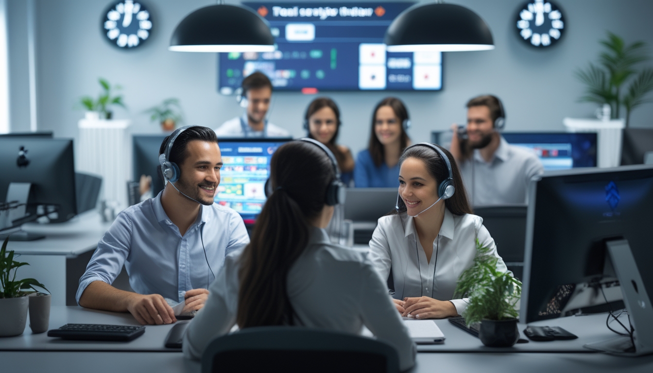 Tim customer service profesional bekerja di kantor modern dengan komputer dan headset, melayani pemain poker online sepanjang waktu.