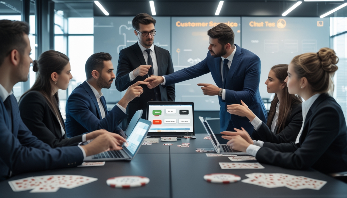 Sekelompok profesional sedang berdiskusi di kantor modern dengan laptop yang menampilkan grafik poker dan layanan pelanggan.
