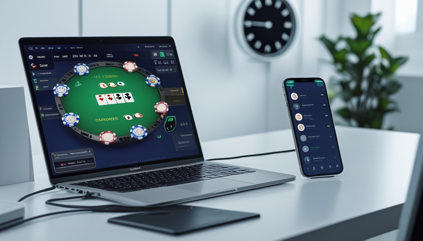 Sebuah meja kerja modern dengan laptop menampilkan permainan poker online dan ponsel dengan aplikasi chat terbuka, menunjukkan layanan pelanggan cepat dan tersedia 24 jam.