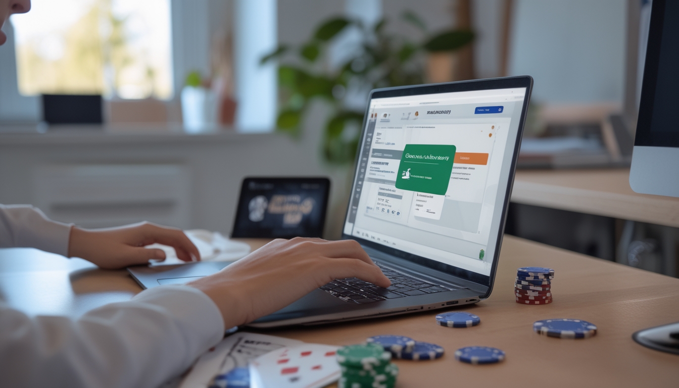 Seorang dewasa muda sedang menggunakan laptop di meja kerja dengan kartu poker dan chip di sekitarnya, serta ponsel yang menampilkan layanan pelanggan di latar belakang.