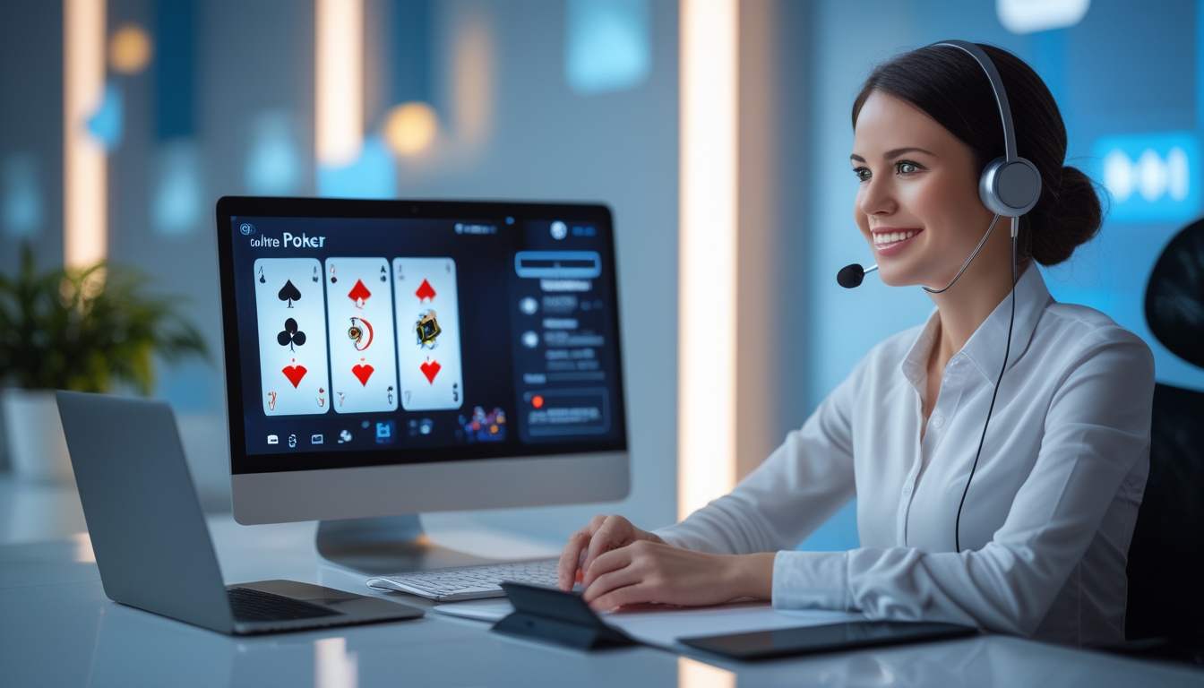 Seorang perwakilan layanan pelanggan profesional dengan headset duduk di depan laptop yang menampilkan permainan poker online, di sebuah meja kerja yang rapi dengan ponsel dan buku catatan, menunjukkan layanan poker online 24 jam.