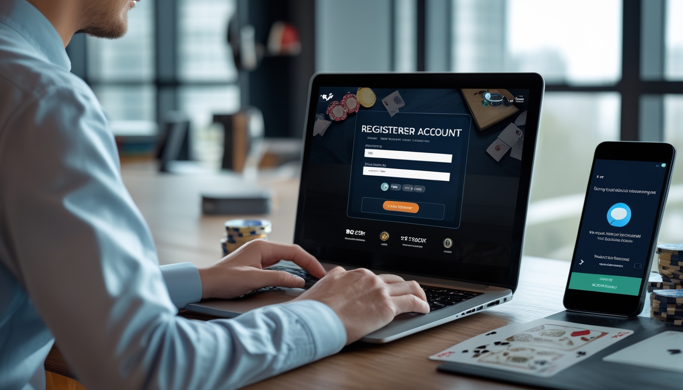 Seorang pria menggunakan laptop di meja kerja dengan tampilan formulir pendaftaran poker online dan smartphone yang menampilkan layanan pelanggan.