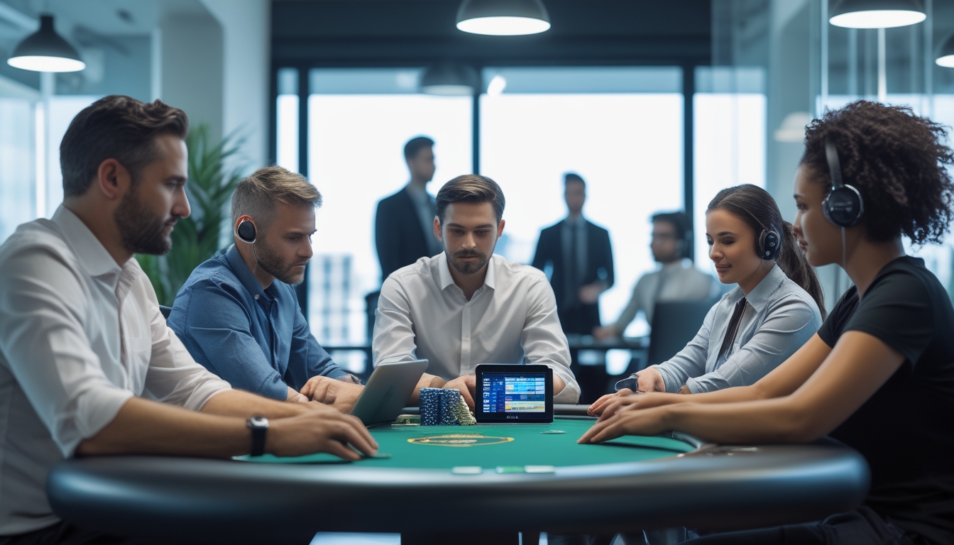 Sekelompok pemain poker serius sedang bermain di meja poker dengan perangkat digital, dengan seorang staf layanan pelanggan yang ramah terlihat di latar belakang.