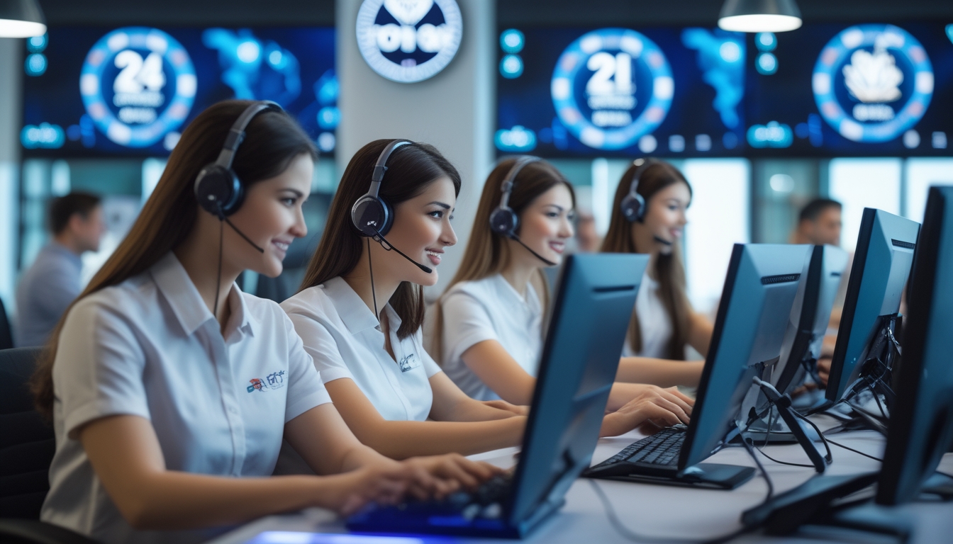 Sejumlah staf layanan pelanggan sedang bekerja dengan headset di pusat layanan modern yang beroperasi 24 jam, dengan layar komputer menampilkan grafik terkait poker.