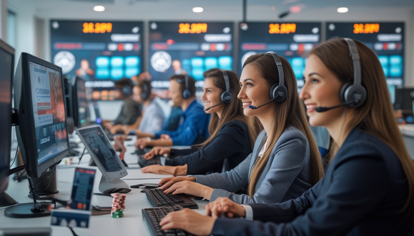 Tim customer service profesional yang sedang bekerja dengan headset di pusat layanan, membantu pelanggan dengan komputer di lingkungan kantor yang terang dan terorganisir.