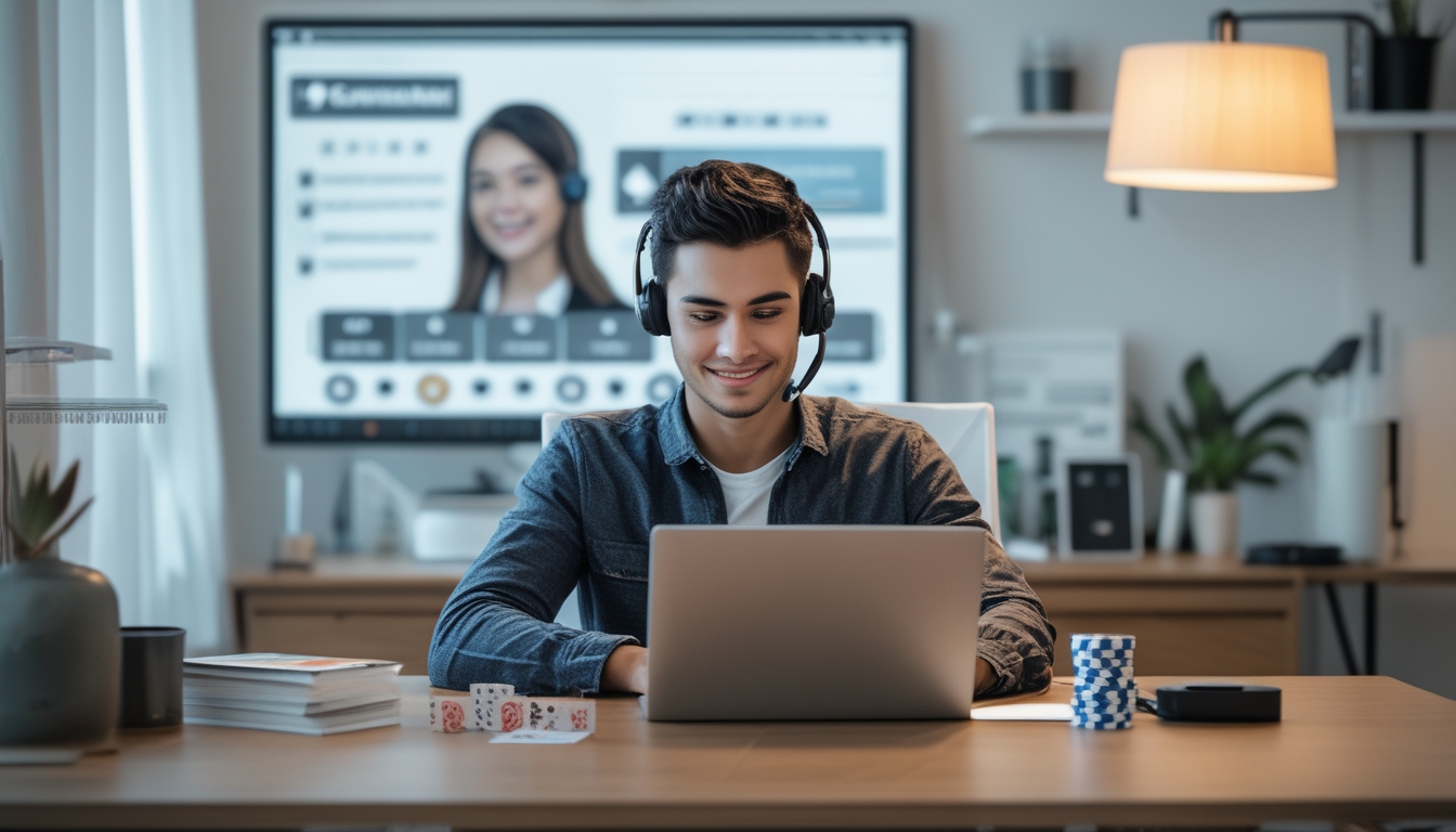 Seseorang duduk di meja kerja menggunakan laptop dengan chip poker dan kartu bermain di dekatnya, layar komputer menampilkan perwakilan layanan pelanggan dengan headset.