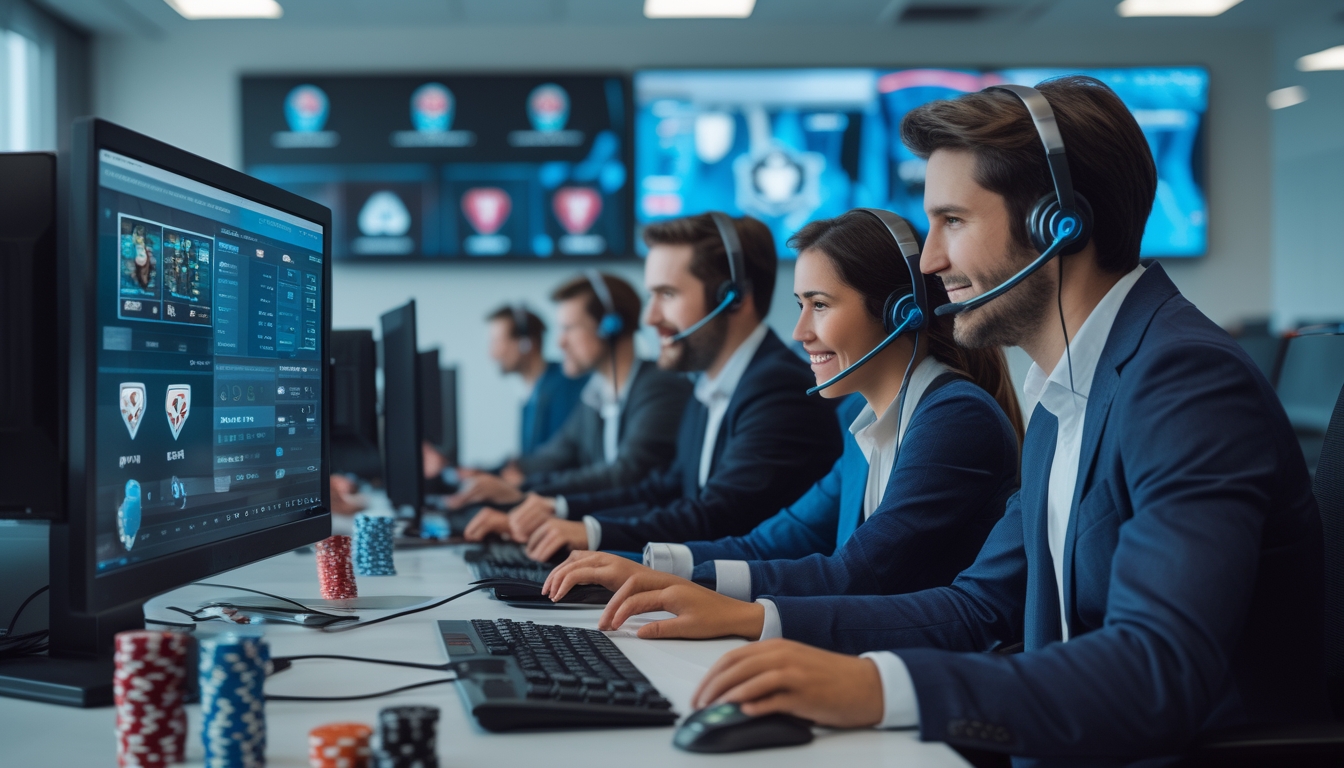 Tim layanan pelanggan yang ramah sedang bekerja di kantor modern dengan komputer dan headset, suasana profesional dan sibuk.