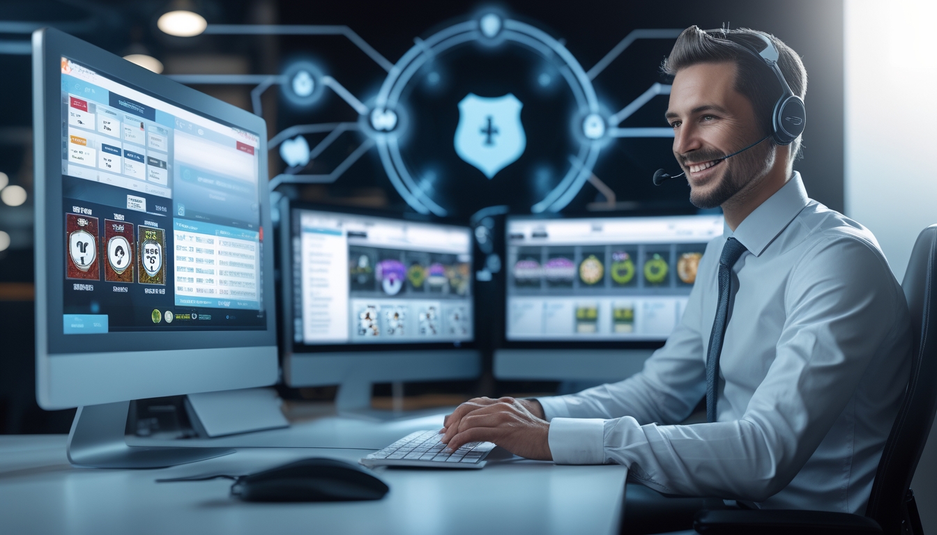 Seorang perwakilan layanan pelanggan profesional dengan headset duduk di depan komputer yang menampilkan permainan poker online.