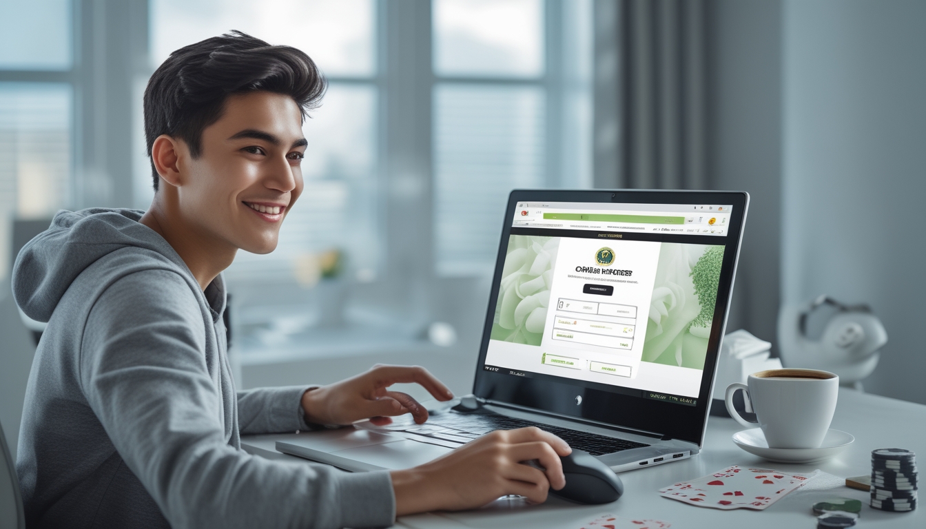 Seseorang duduk di meja kerja dengan laptop dan ponsel, terlihat sedang mendaftar poker online dengan suasana yang nyaman dan profesional.