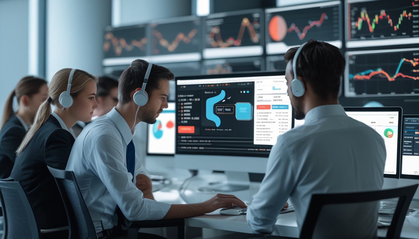 Seorang perwakilan layanan pelanggan membantu klien di depan komputer dengan grafik poker, di kantor modern dengan beberapa monitor dan pencahayaan alami.