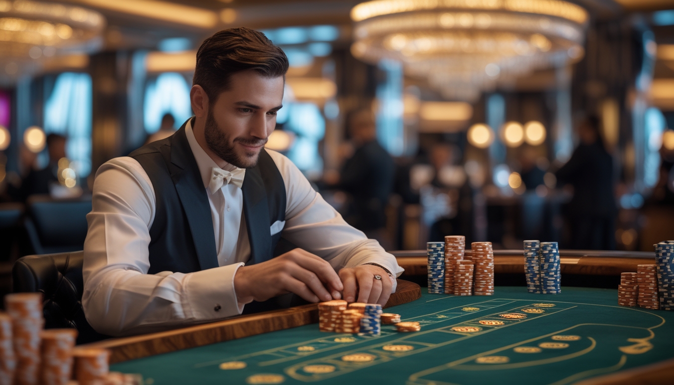 Seorang pemain profesional sedang duduk di meja baccarat di kasino mewah dengan tumpukan chip dan kartu, tampak fokus dan percaya diri.