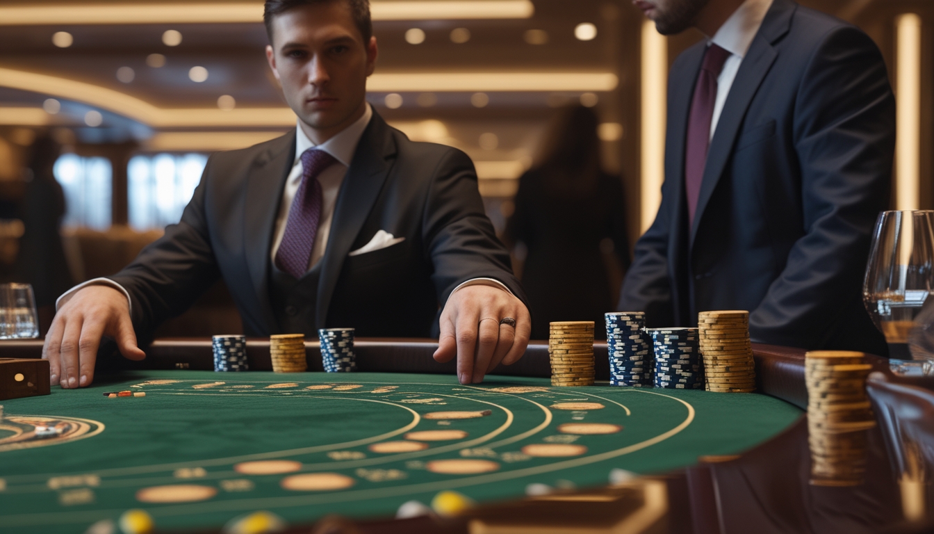 Seorang pemain profesional duduk di meja baccarat di kasino mewah, fokus memasang taruhan dengan chip dan kartu di depan mereka.