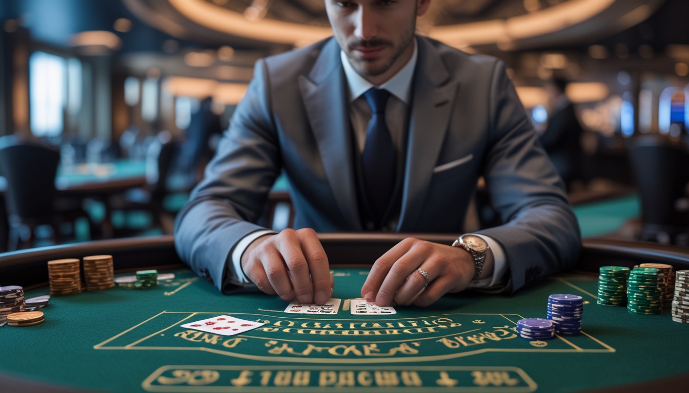 Seorang pemain profesional sedang duduk di meja baccarat mewah dengan kartu dan chip taruhan, fokus pada permainannya di lingkungan kasino yang elegan.