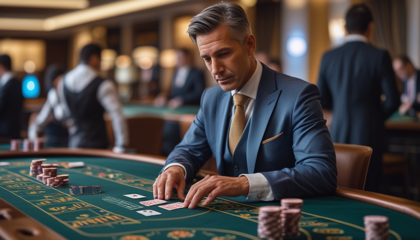 Seorang pemain profesional sedang fokus menganalisis kartu di meja baccarat di dalam kasino mewah.