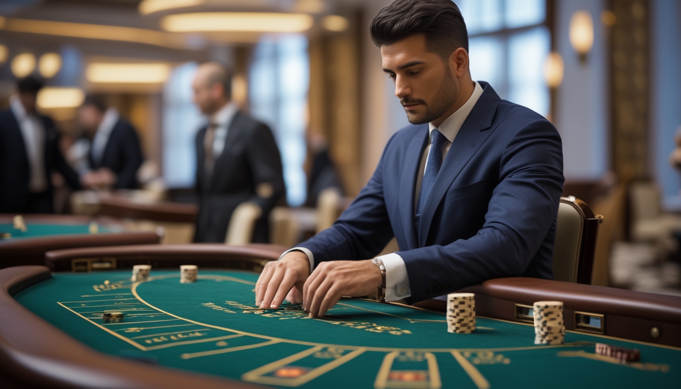 Seorang pria profesional mengenakan jas duduk di meja baccarat di kasino, sedang memasang taruhan dengan kartu dan chip di meja permainan.