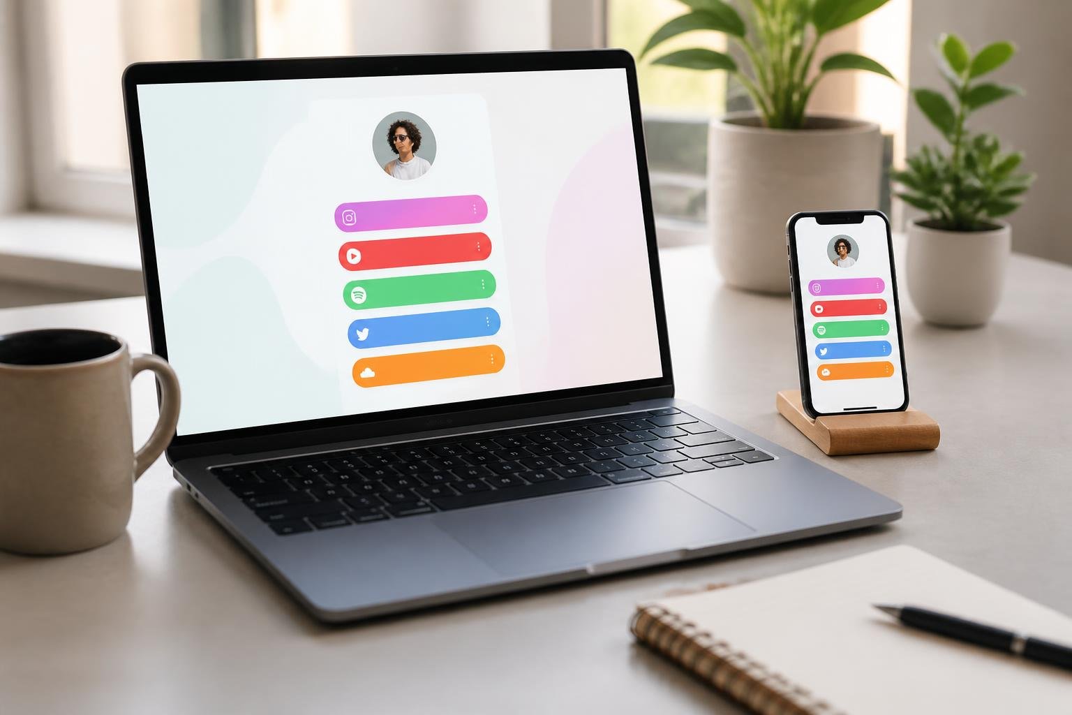 A laptop on a desk showing a webpage with multiple colorful icons, surrounded by a smartphone, coffee cup, and notebook in a bright office setting.