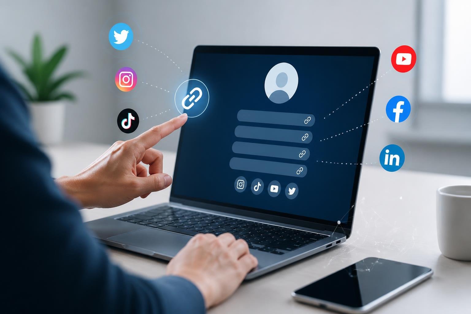 A person using a laptop showing a social media profile with icons representing multiple social media platforms and links floating around.
