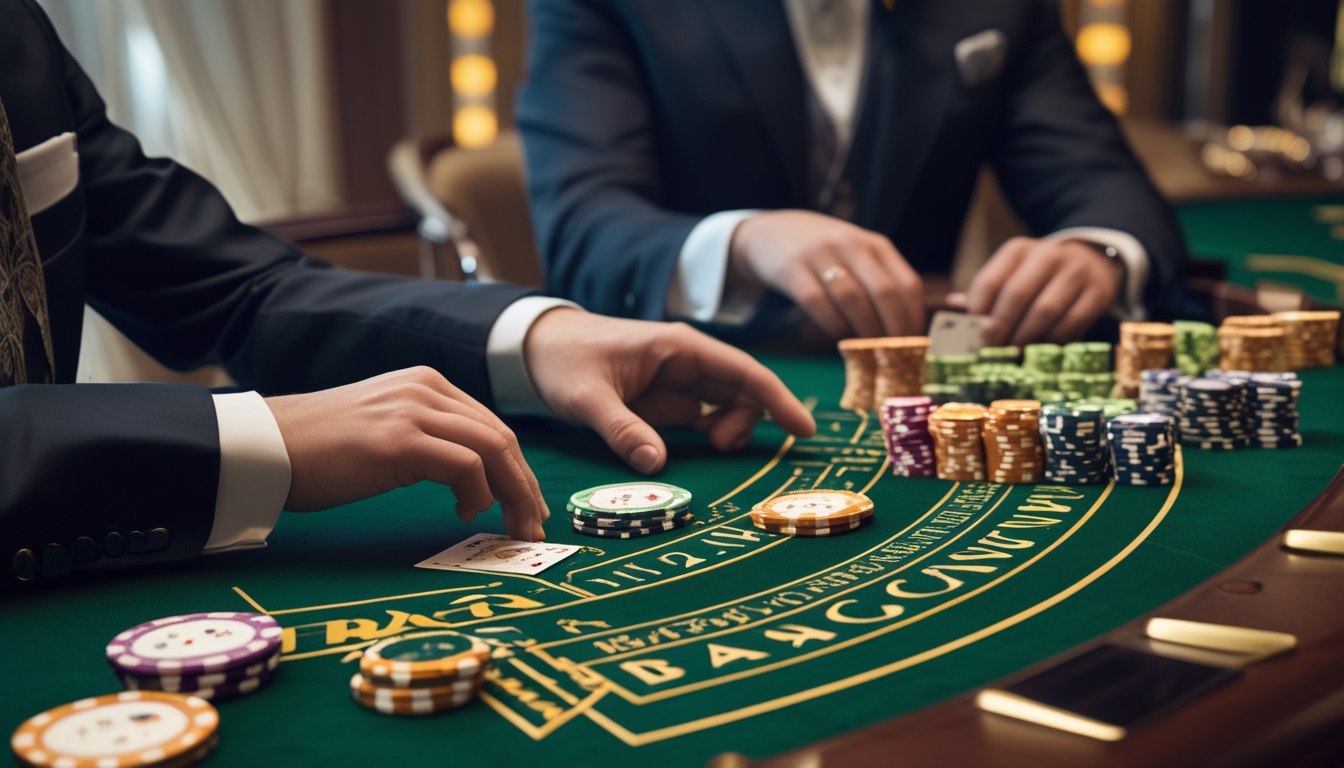 Seorang pemain baccarat profesional sedang bermain di meja kasino dengan dealer yang membagikan kartu dan tumpukan chip taruhan di atas meja hijau.