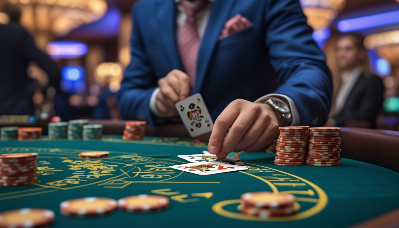 Seorang pemain berjubah rapi duduk di meja baccarat dengan kartu dan tumpukan chip, fokus dan serius dalam permainan.