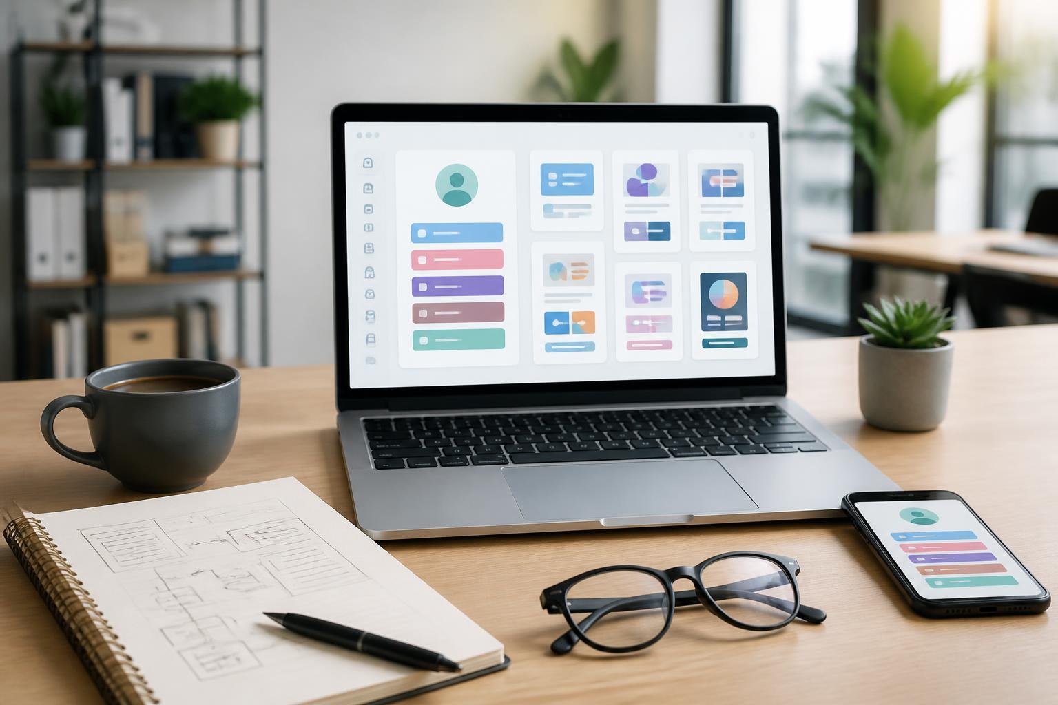 A workspace with a laptop and smartphone showing colorful digital interfaces, surrounded by a notebook, coffee cup, and glasses on a desk in a bright office.