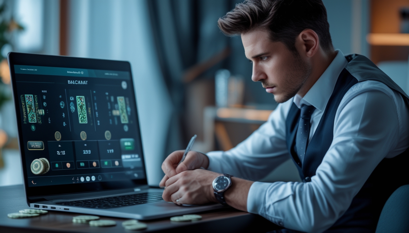 Seorang pemain sedang fokus bermain bakarat online di depan layar komputer dengan kartu dan chip terlihat, di ruangan yang nyaman dan rapi.