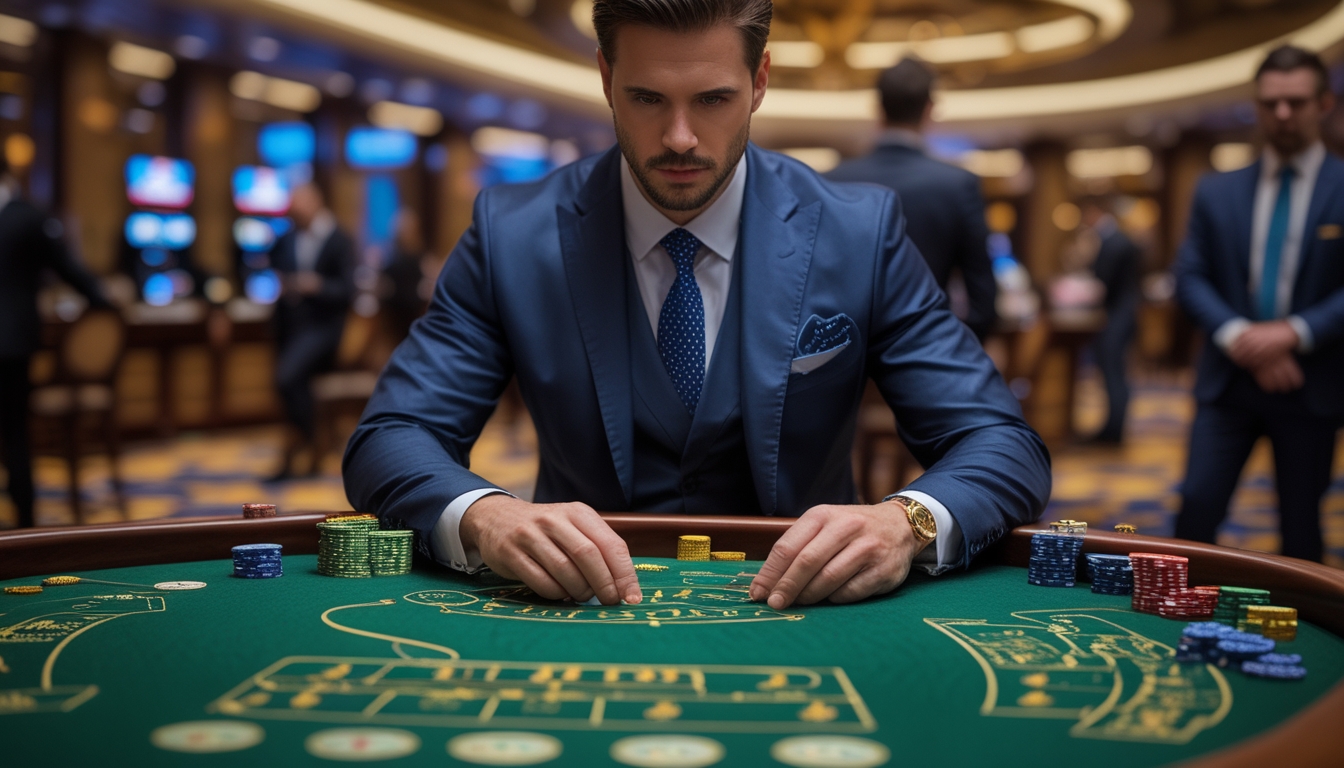 Seorang pemain profesional yang mengenakan jas sedang fokus bermain baccarat di meja kasino dengan kartu dan chip taruhan.