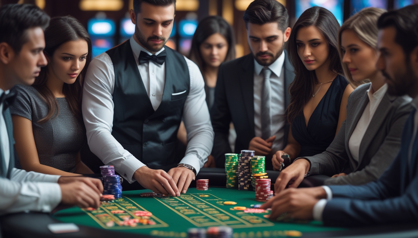 Seorang dealer dan beberapa pemain sedang bermain Baccarat di meja kasino dengan kartu dan chip taruhan.