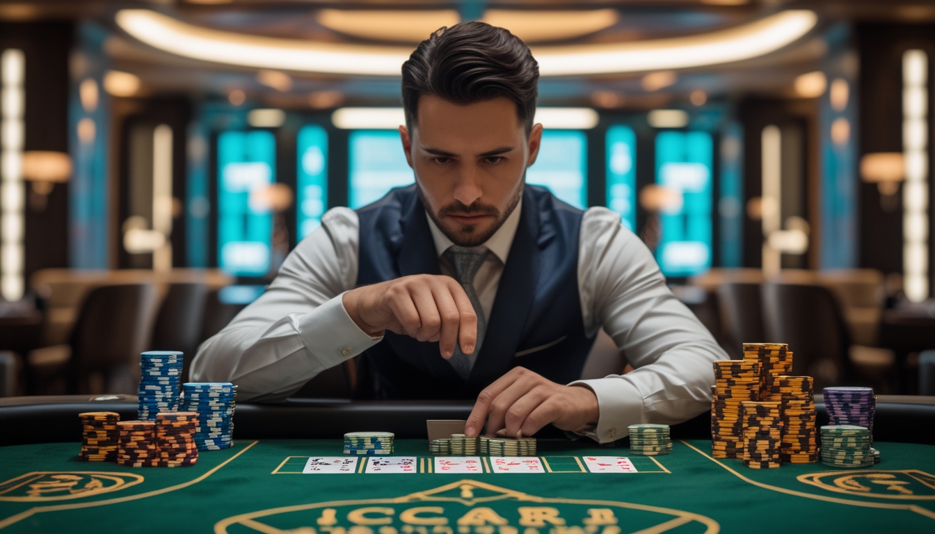 Seorang penjudi profesional yang percaya diri sedang menganalisis kartu dan chip di meja baccarat di dalam kasino yang elegan.