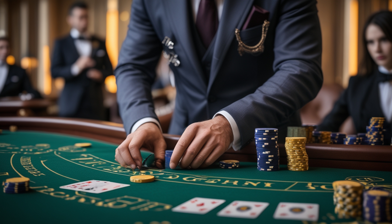 Seorang pria berpakaian rapi sedang fokus bermain baccarat di meja kasino dengan kartu dan chip.