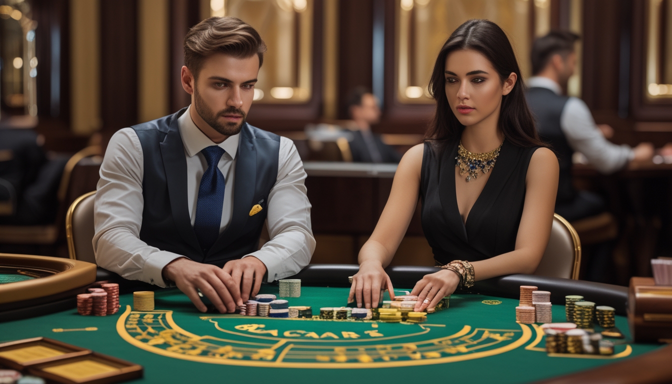 Dua pemain profesional sedang fokus bermain baccarat di meja kasino mewah dengan kartu dan chip taruhan.