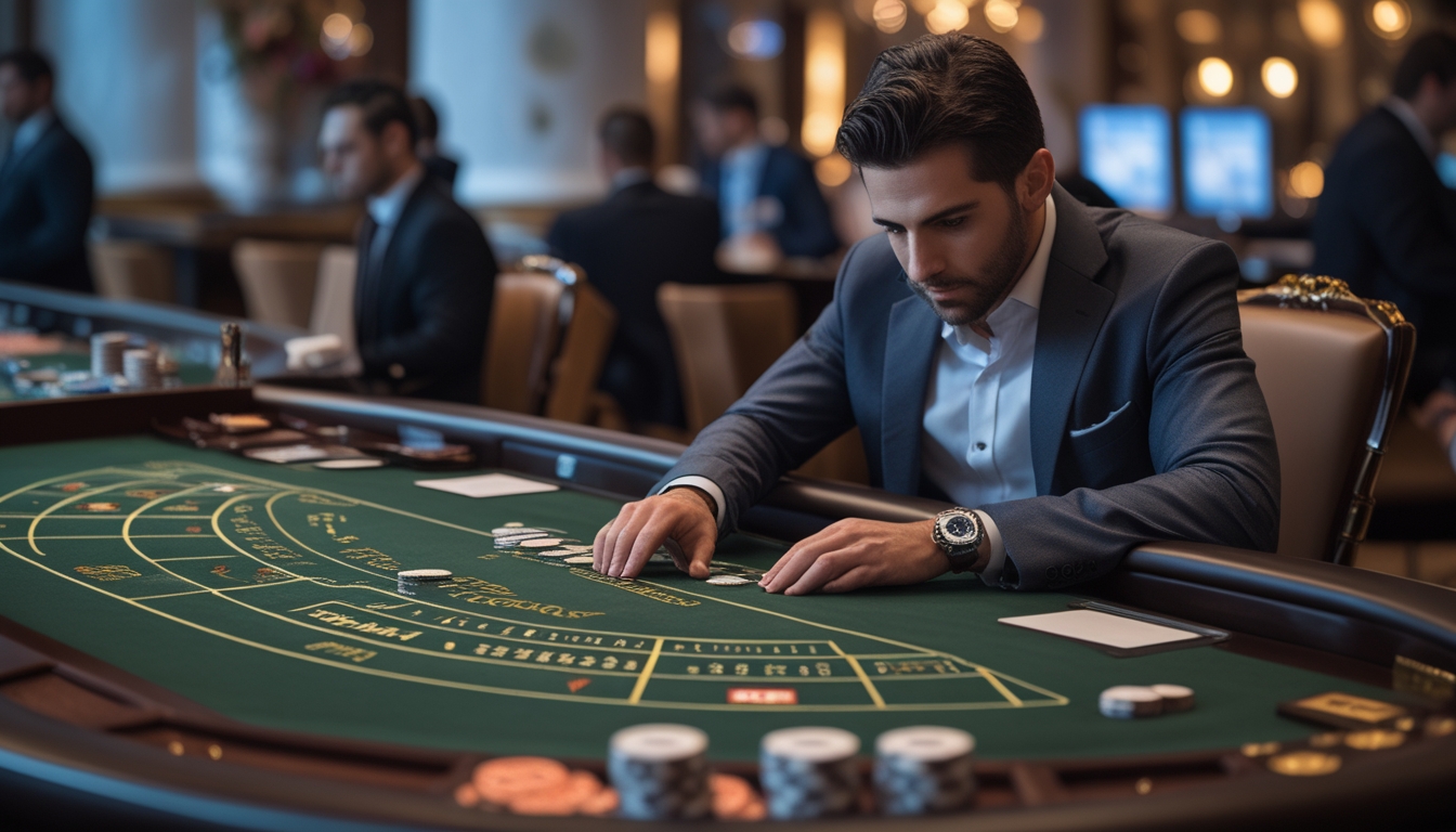 Seorang pemain profesional sedang fokus menganalisis strategi taruhan di meja permainan Baccarat di kasino.