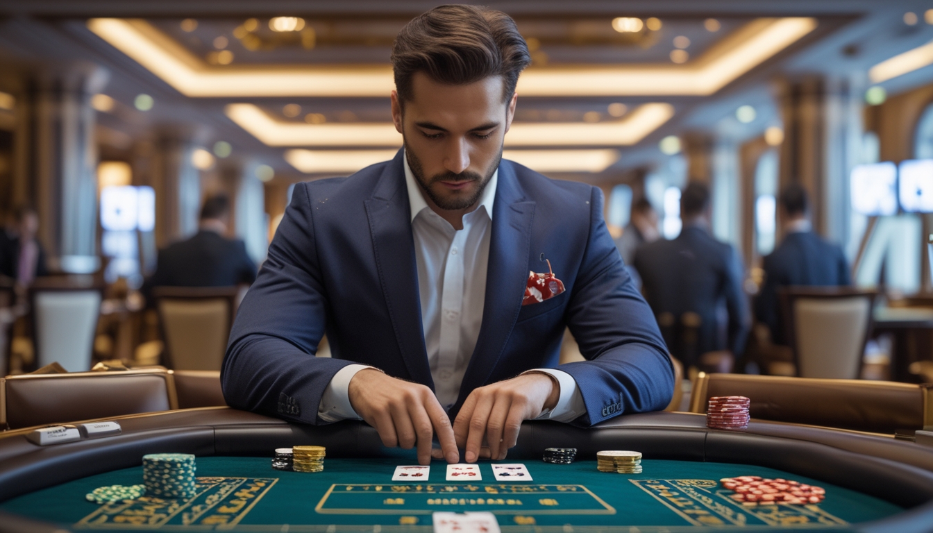 Seorang pria berpakaian rapi duduk di meja baccarat di dalam kasino, terlihat fokus dan percaya diri saat bermain.