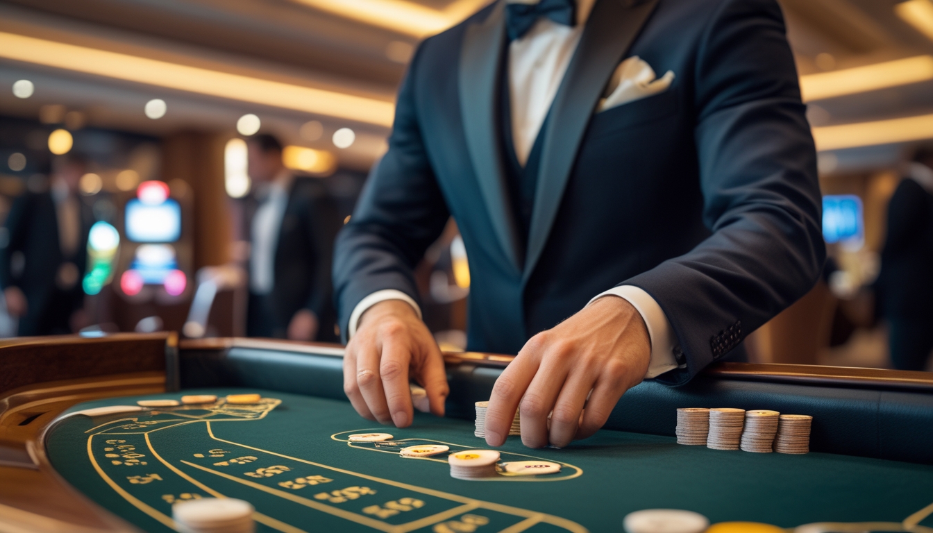 Seorang pemain berjubah rapi sedang memasang taruhan di meja permainan baccarat di dalam kasino mewah.
